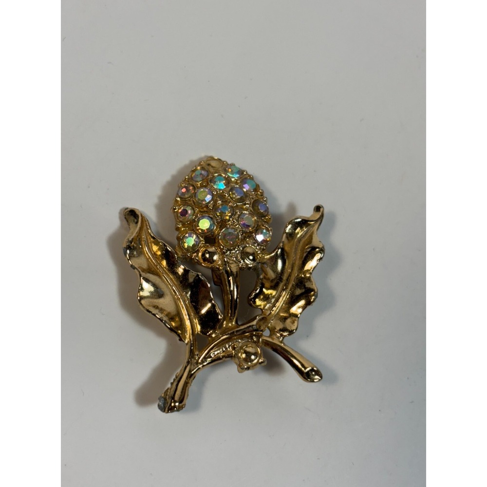 Gold Tone and Rhinestone Vintage Brooch Flower‎ Thistle Pin Intricate